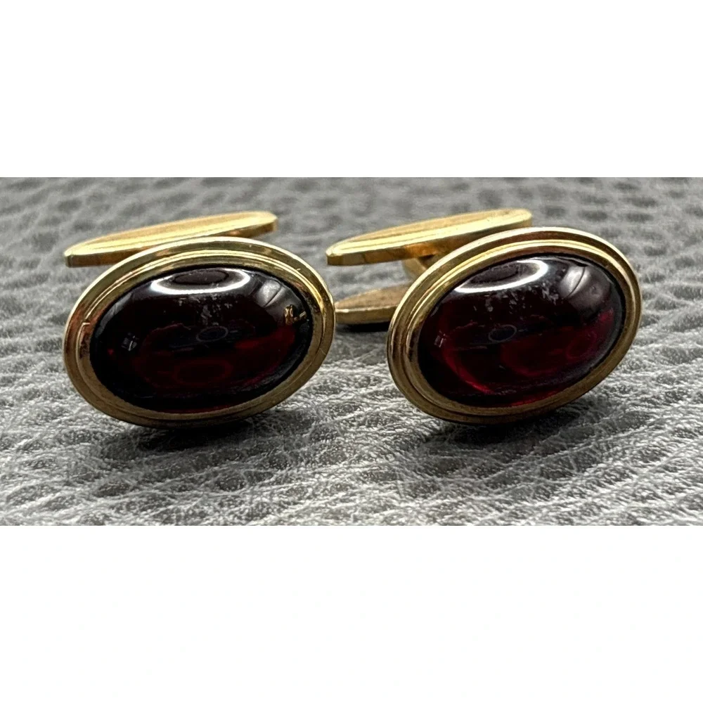 Vintage Simmons Deep Red Cabochon Glass Oval Cufflinks Gold Tone